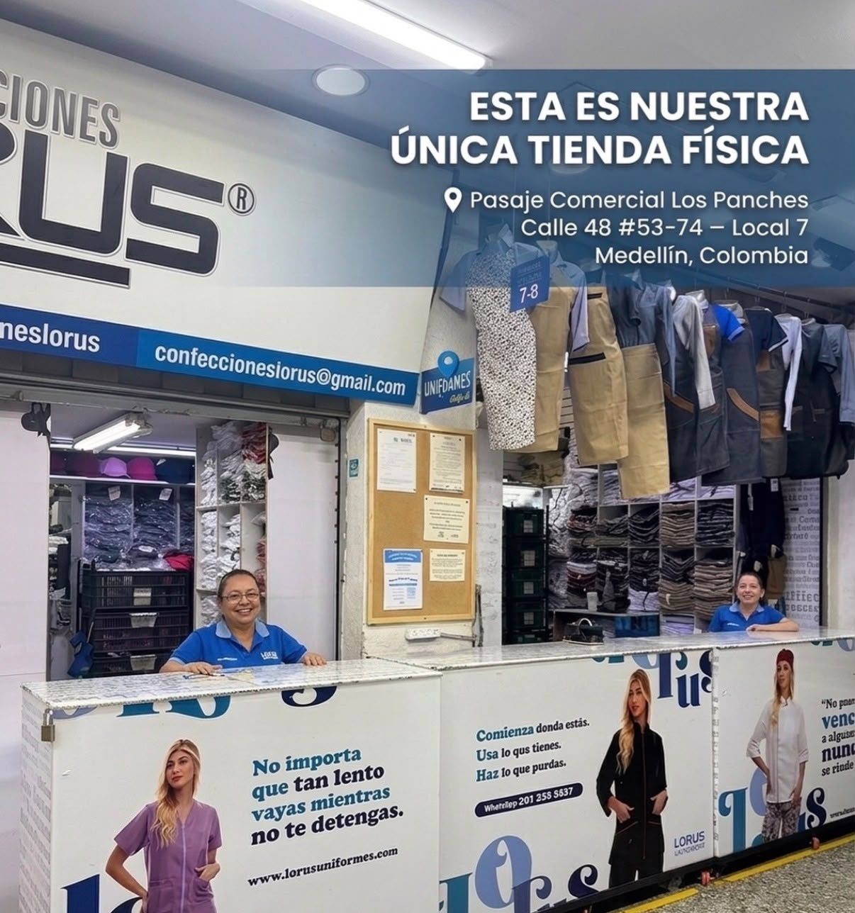 Tienda LRUS Uniformes en el Pasaje Comercial Los Panches, con dos asesoras atendiendo